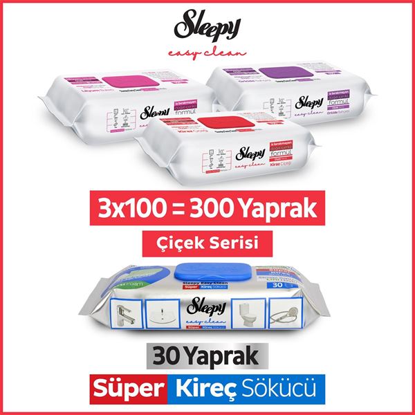 Resim Sleepy Easy Clean Çiçek Serisi&Süper Kireç Sökücü Yüzey Temizlik Havlusu&Mendili(3x100+30)