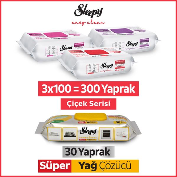 Resim Sleepy Easy Clean Çiçek Serisi&Süper Yağ Çözücü Yüzey Temizlik Havlusu&Mendili(3x100+30)