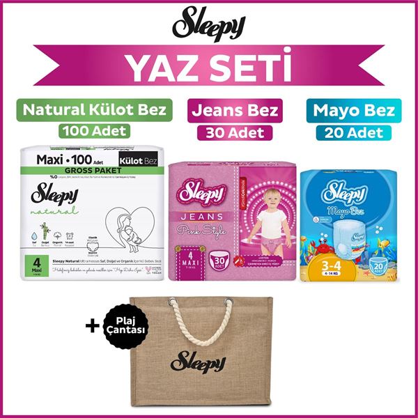 Resim Sleepy 4 Numara Maxi Natural Gross 100+Mayo Bez 20+Pink Jeans Külot Bez 30+Plaj Çantası