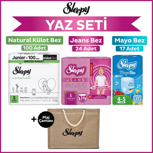 Resim Sleepy 5 Numara Junior Natural Gross 100+Mayo Bez 17+Pink Jeans Külot Bez 24+Plaj Çantası