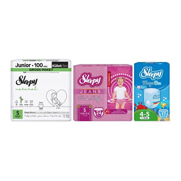 Sleepy 5 Numara Junior Natural Gross 100+Mayo Bez 17+Pink Jeans Külot Bez 24+Plaj Çantası