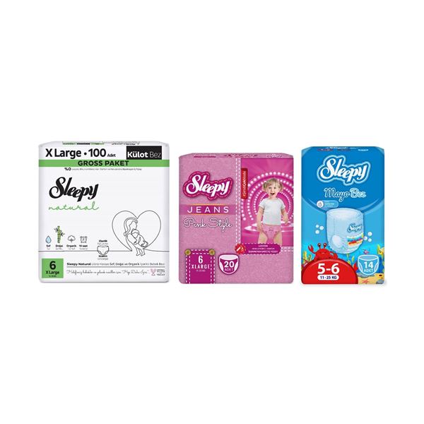 Sleepy 6 Numara Xlarge Natural Gross 100+Mayo Bez 14+Pink Jeans Külot Bez 20+Plaj Çantası