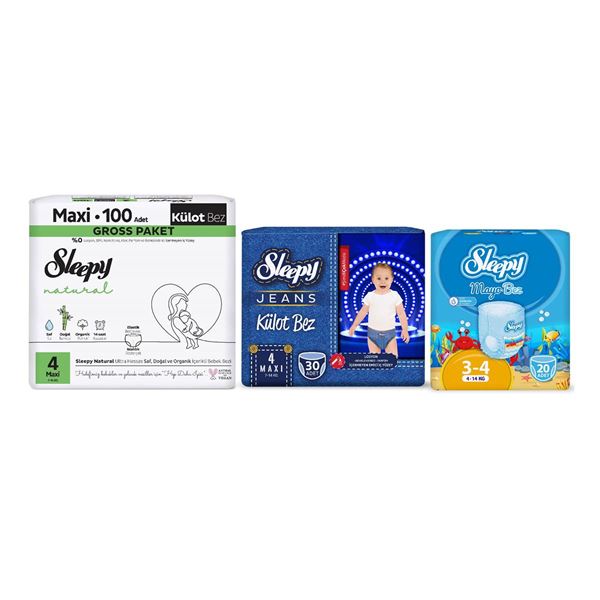 Sleepy 4 Numara Maxi Natural Gross 100+Mayo Bez 20+Jeans Külot Bez 30+Plaj Çantası