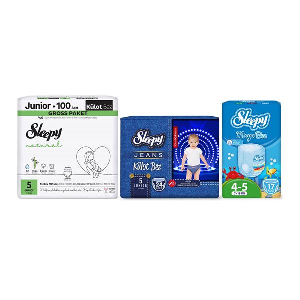 Sleepy 5 Numara Junior Natural Gross 100+Mayo Bez 17+Jeans Külot Bez 24+Plaj Çantası