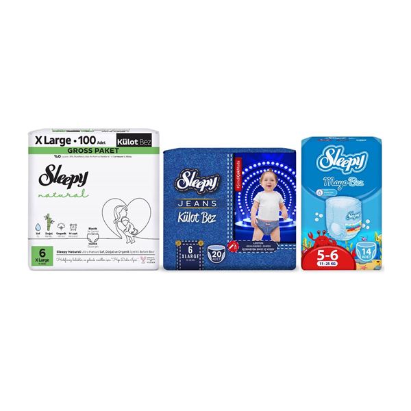 Sleepy 6 Numara Xlarge Natural Gross 100+Mayo Bez 14+Jeans Külot Bez 20+Plaj Çantası