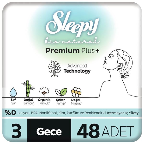 Resim Sleepy Bio Natural Premium Plus Hijyenik Ped Süper Avantaj Paketi Gece 48 Adet