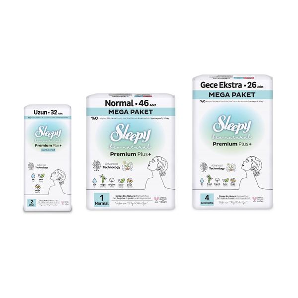 Sleepy Bio Natural Premium Plus Hijyenik Ped Mega Fırsat Paketi 72 Adet + Günlük Ped Uzun 32 Adet