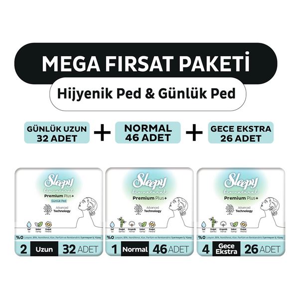 Resim Sleepy Bio Natural Premium Plus Hijyenik Ped Mega Fırsat Paketi 72 Adet + Günlük Ped Uzun 32 Adet