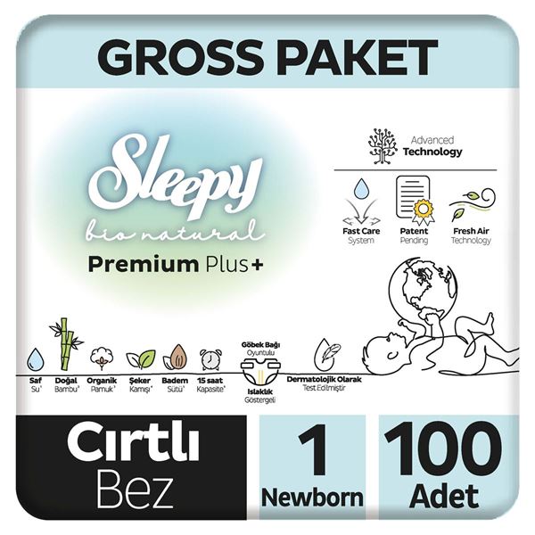 Resim Sleepy Bio Natural Premium Plus Gross Paket Bebek Bezi 1 Numara Newborn 100 Adet
