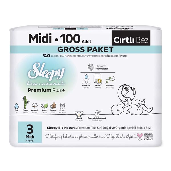 Sleepy Bio Natural Premium Plus Gross Paket Bebek Bezi 3 Numara Midi 100 Adet