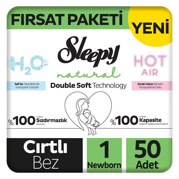 Sleepy Natural Double Soft Fırsat Paketi Bebek Bezi 1 Numara Newborn 50 Adet