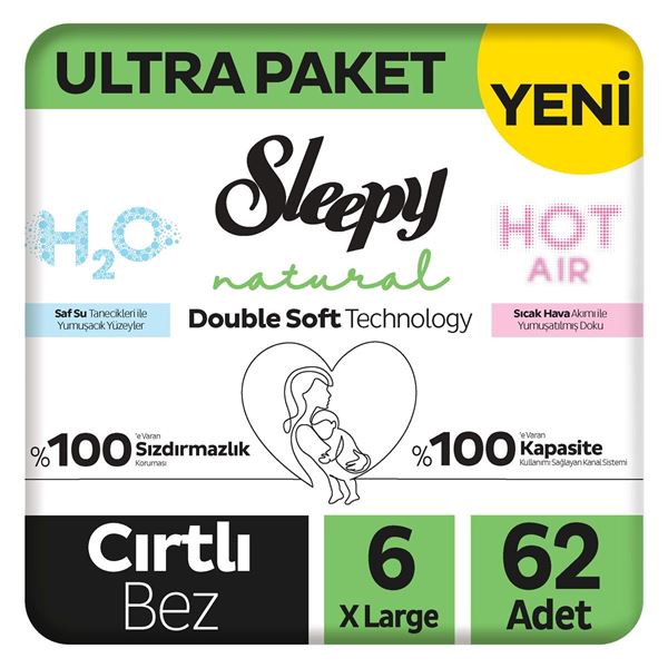 Resim Sleepy Natural Double Soft Ultra Paket Bebek Bezi 6 Numara Xlarge 64 Adet