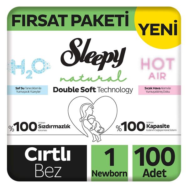 Resim Sleepy Natural Double Soft Fırsat Paketi Bebek Bezi 1 Numara Newborn 100 Adet