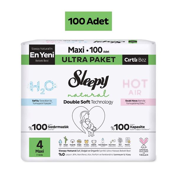 Sleepy Natural Double Soft Ultra Paket Bebek Bezi 4 Numara Maxi 100 Adet
