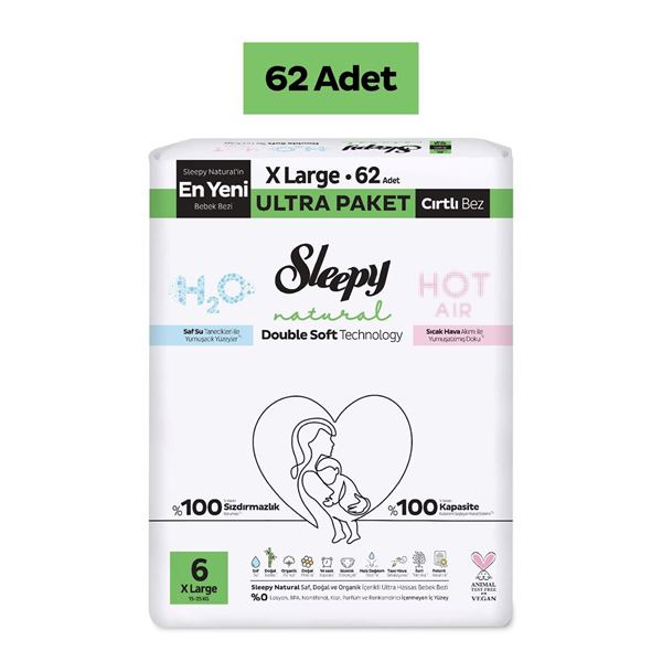 Sleepy Natural Double Soft Ultra Paket Bebek Bezi 6 Numara Xlarge 64 Adet