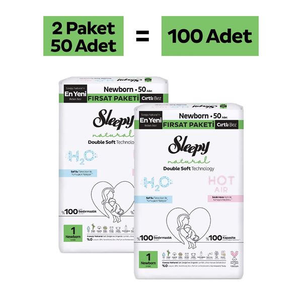 Sleepy Natural Double Soft Fırsat Paketi Bebek Bezi 1 Numara Newborn 100 Adet
