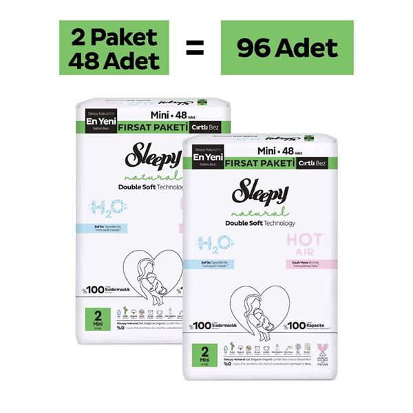 Sleepy Natural Double Soft Fırsat Paketi Bebek Bezi 2 Numara Mini 96 Adet