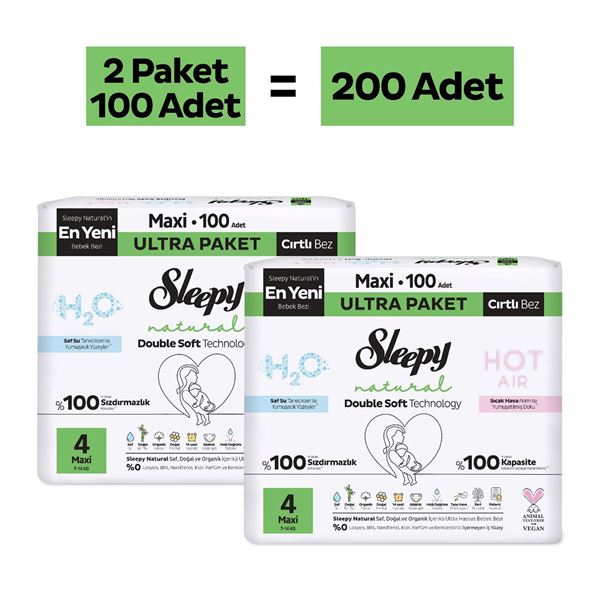 Sleepy Natural Double Soft Ultra Paket Bebek Bezi 4 Numara Maxi 200 Adet