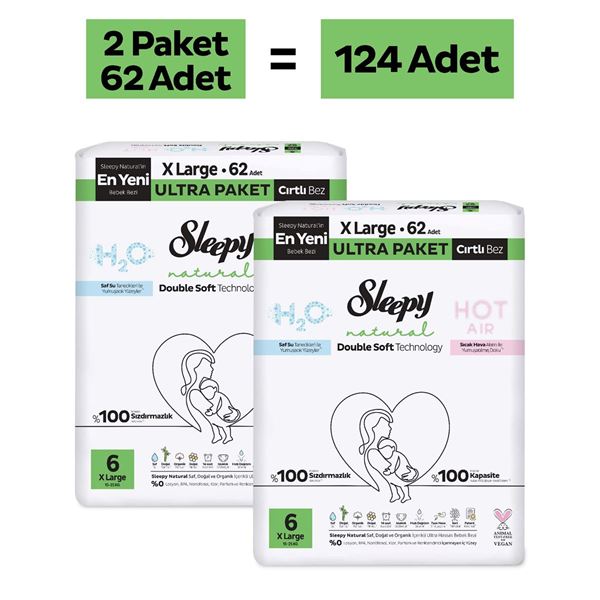 Sleepy Natural Double Soft Ultra Paket Bebek Bezi 6 Numara Xlarge 124 Adet