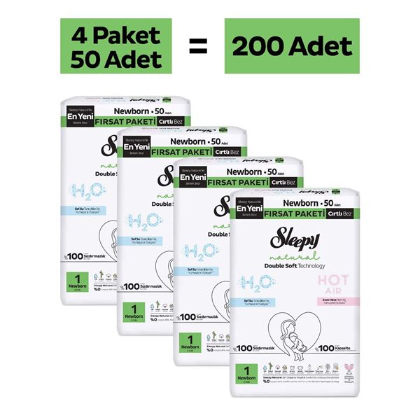 Sleepy Natural Double Soft Fırsat Paketi Bebek Bezi 1 Numara Newborn 200 Adet