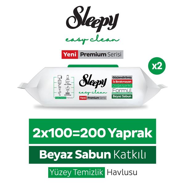 Resim Sleepy Easy Clean Premium Beyaz Sabun Katkılı Yüzey Temizlik Havlusu Mendili 2x100 (200 Yaprak)