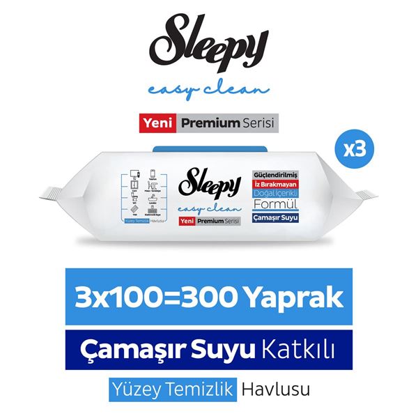 Resim Sleepy Easy Clean Premium Çamaşır Suyu Katkılı Yüzey Temizlik Havlusu Mendili 3x100 (300 Yaprak)
