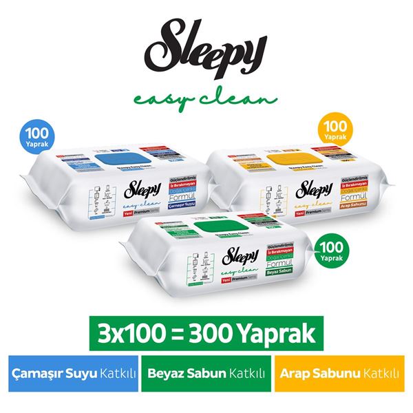 Resim Sleepy Easy Clean Premium Beyaz Sabun Katkılı+Çamaşır Suyu Katkılı+Arap Sabunu Katkılı Yüzey Temizlik Havlusu Mendili 3x100 (300 Yaprak)