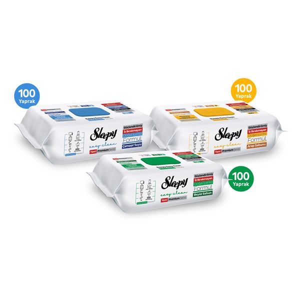 Sleepy Easy Clean Premium Beyaz Sabun Katkılı+Çamaşır Suyu Katkılı+Arap Sabunu Katkılı Yüzey Temizlik Havlusu Mendili 3x100 (300 Yaprak)